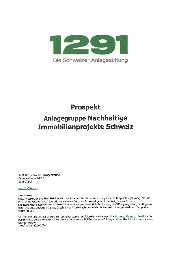Prospectus Investment Group Sustainable Real Estate Projects Switzerland (in German)